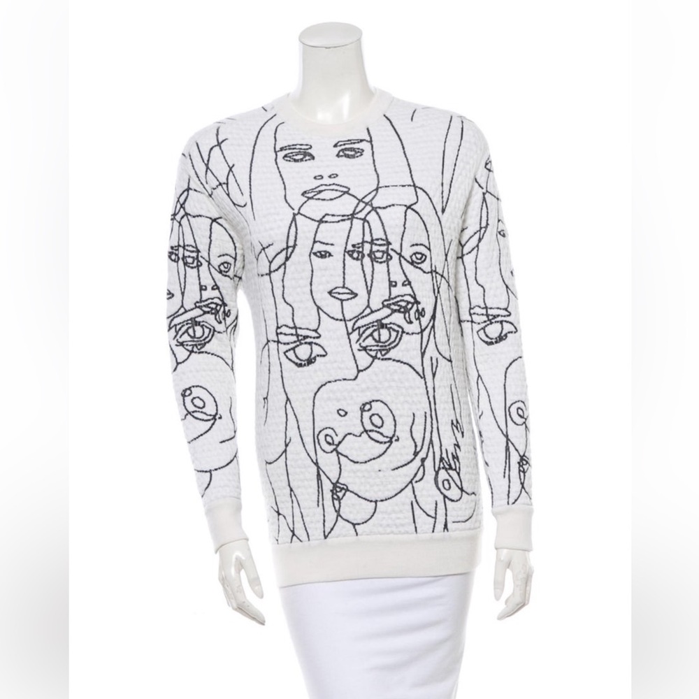 Stella McCartney White Knit Crewneck Sweater with Black Abstract Faces